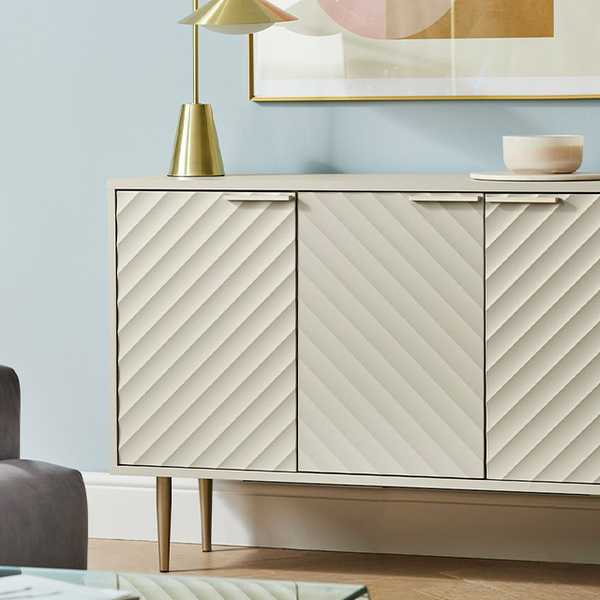 3 door sideboard in champagne colour with diagonal texture detail.